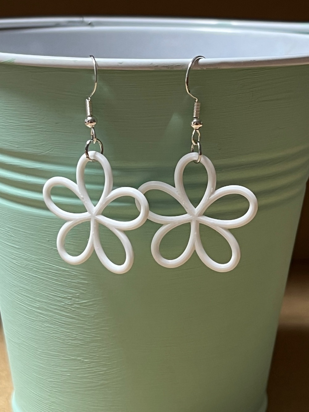 White Flower Dangle Earrings - Minimal Floral Hook Earrings